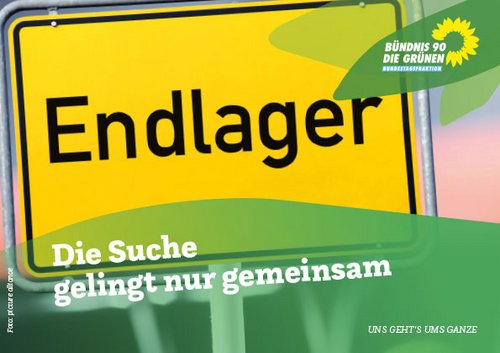 In schwarzer Schrift steht Endlager auf einem gelben Schild.