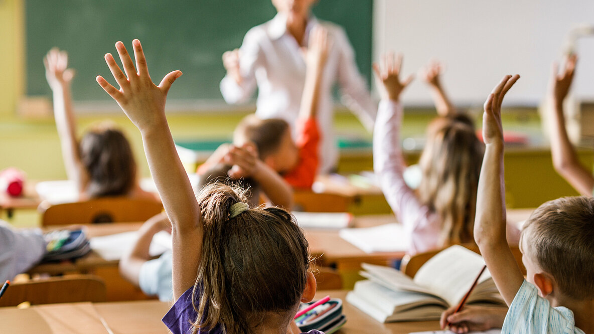 Ein Klassenraum mit vielen Schülerinnen und Schülern, die sich melden, sie sind von hinten zu sehen, vorne steht eine Lehrkraft.