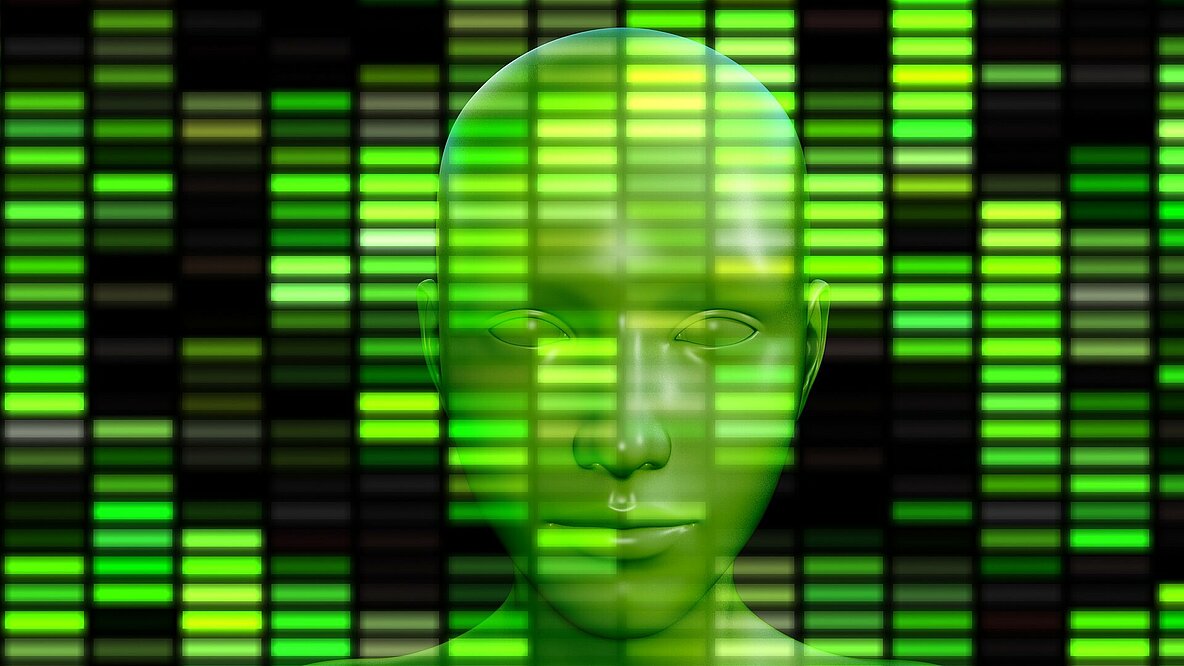 Illustration in grüner Farbe, im Hintergrund ein computergeneriertes Gesicht