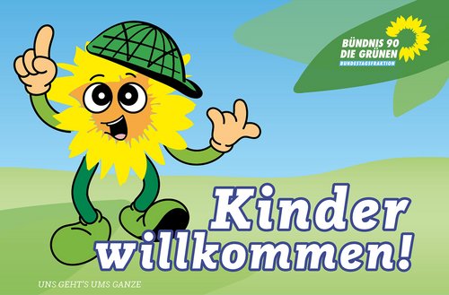 Eine grüne Comicfigur, deren Gesicht aus der Sonnenblume des Logos der Bundestagsfraktion gebildet ist und die eine grüne Mütze mit dem Muster der Reichstagskuppel trägt, läuft auf einer grünen Wiese in Richtung des Betrachters.