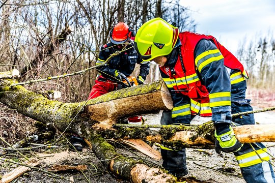 Zwei ehrenamtlich tätige Feuerwehrleute beseitigen einen umgestürzten Baum nach einem Unwetter.